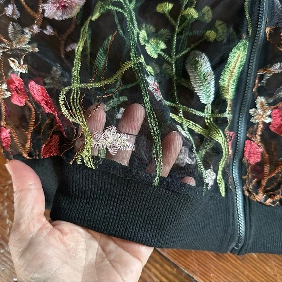 Green and Black Floral Bomber Jacket with Zipper Closure - Picture 2 of 4